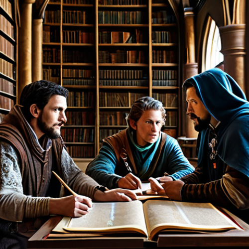 Home 11 A diverse group of fantasy adventurers, including a warrior, a mage, and a rogue, all in modest and practical high-fantasy attire. They are gathered in an illuminated, ancient library filled with scrolls and maps, engrossed in a strategic discussion, pointing to various points on a large, unfurled parchment. The scene emphasizes intellectual planning and collaboration. perfect anatomy, correct proportions, natural pose, well-formed hands, proper finger count, natural body proportions, professional photography, high quality, safe for work, appropriate content, fully clothed, modest clothing, family-friendly.