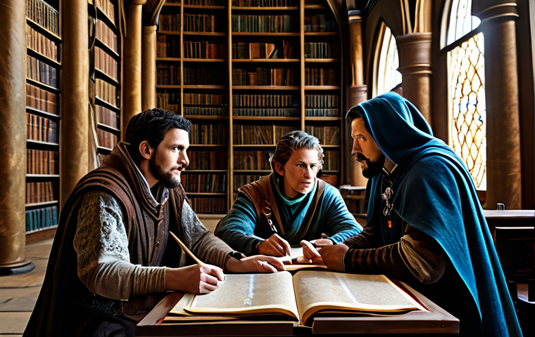 A diverse group of fantasy adventurers, including a warrior, a mage, and a rogue, all in modest and practical high-fantasy attire. They are gathered in an illuminated, ancient library filled with scrolls and maps, engrossed in a strategic discussion, pointing to various points on a large, unfurled parchment. The scene emphasizes intellectual planning and collaboration. perfect anatomy, correct proportions, natural pose, well-formed hands, proper finger count, natural body proportions, professional photography, high quality, safe for work, appropriate content, fully clothed, modest clothing, family-friendly.