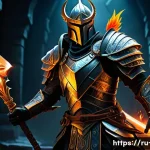 디아블로4 신규 업데이트 - A dynamic fantasy warrior character wearing intricately detailed armor with glowing runic patterns, ...