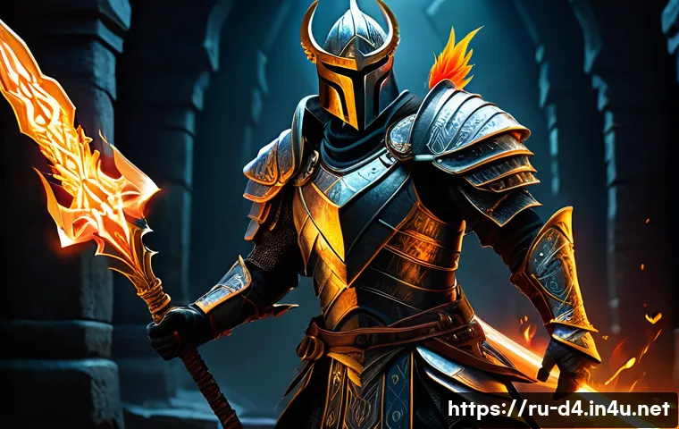 디아블로4 신규 업데이트 - A dynamic fantasy warrior character wearing intricately detailed armor with glowing runic patterns, ...