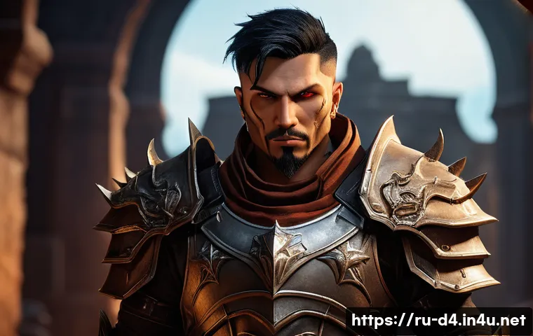 디아블로4 커스터마이징 팁 - A detailed portrait of a unique Diablo 4 hero featuring intricate facial customization including sca...