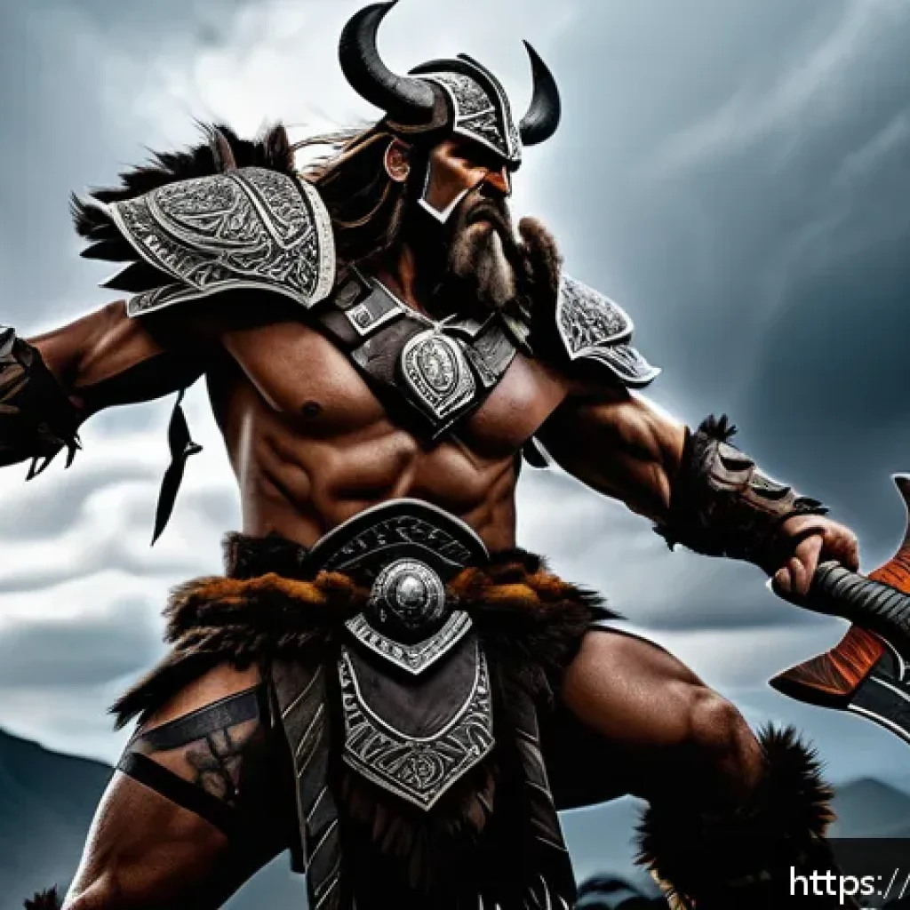 디아블로4 레이드 보상 - A powerful barbarian warrior clad in rugged, reinforced leather armor with intricate tribal patterns...