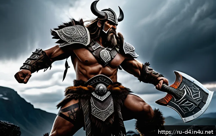 디아블로4 레이드 보상 - A powerful barbarian warrior clad in rugged, reinforced leather armor with intricate tribal patterns...