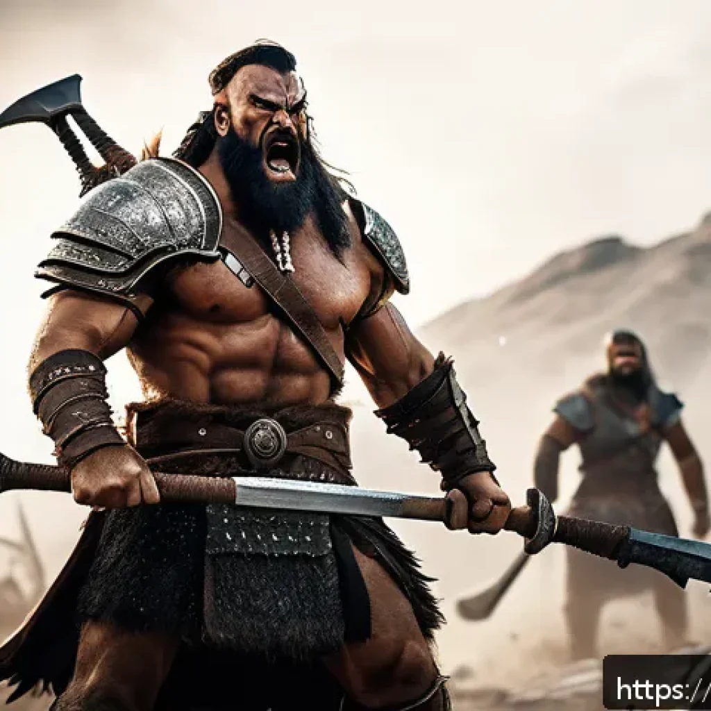 디아블로4 레벨업 공략 - A fierce barbarian warrior in detailed, rugged armor wielding a large two-handed axe, standing confi...