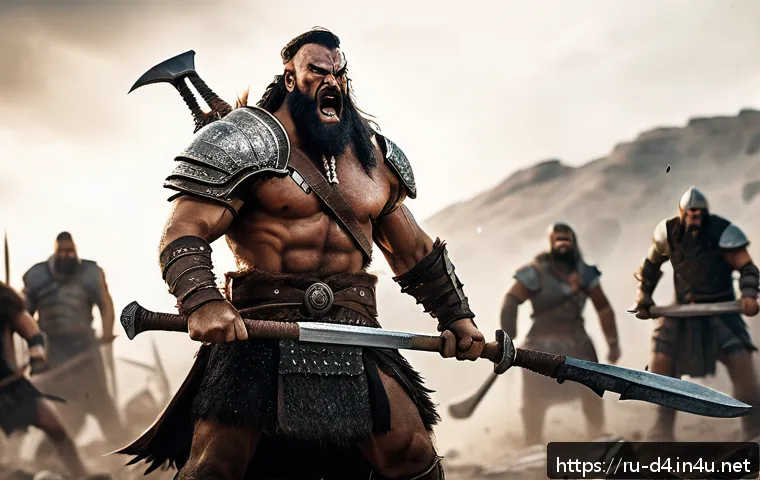 디아블로4 레벨업 공략 - A fierce barbarian warrior in detailed, rugged armor wielding a large two-handed axe, standing confi...