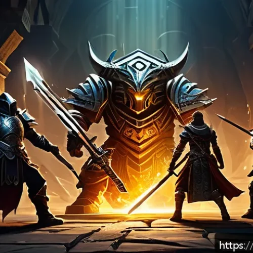 Home 17 디아블로4 이벤트 정보 - A dynamic scene of a diverse group of five adventurers in detailed fantasy armor, collaborating to d...