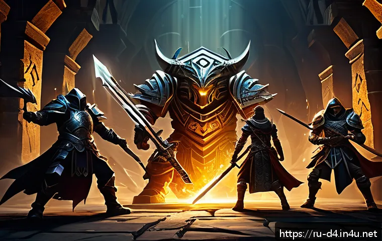 디아블로4 이벤트 정보 - A dynamic scene of a diverse group of five adventurers in detailed fantasy armor, collaborating to d...