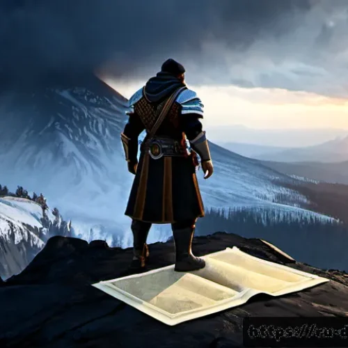 Home 17 디아블로4 맵 탐험 보상 - Photorealistic dark-fantasy game scene, a lone armored explorer standing on a snowy volcanic ridge i...
