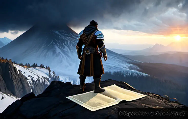 디아블로4 맵 탐험 보상 - Photorealistic dark-fantasy game scene, a lone armored explorer standing on a snowy volcanic ridge i...
