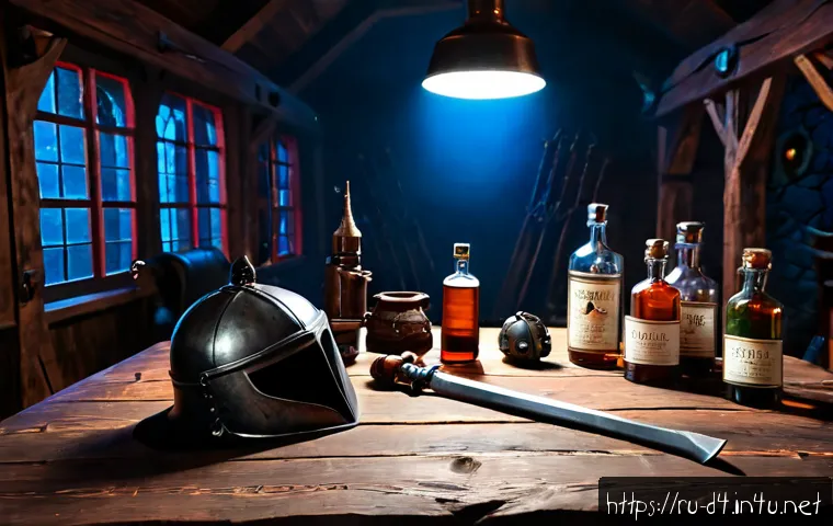 디아블로4 PvP 장비 세팅 - Photorealistic dark fantasy PvP equipment setup on a rugged wooden table in a Russian-style gaming r...