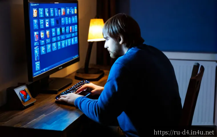 Home 17 디아블로4 룬워드 조합법 - Photorealistic fantasy gaming workspace in a cozy Russian apartment at night, adult player seen from...